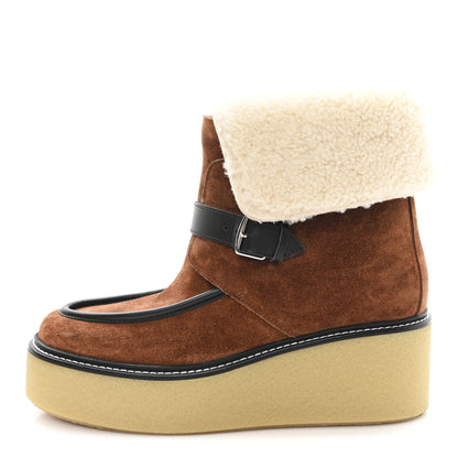 Hermes Suede Shearling Womens Hemisphere Ankle Boots 37.5 Brown 1 of 9