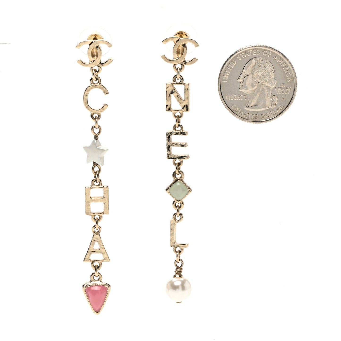 Resin Pearl Beaded Star Heart CC Logo Drop Earrings Gold Pink Multicolor