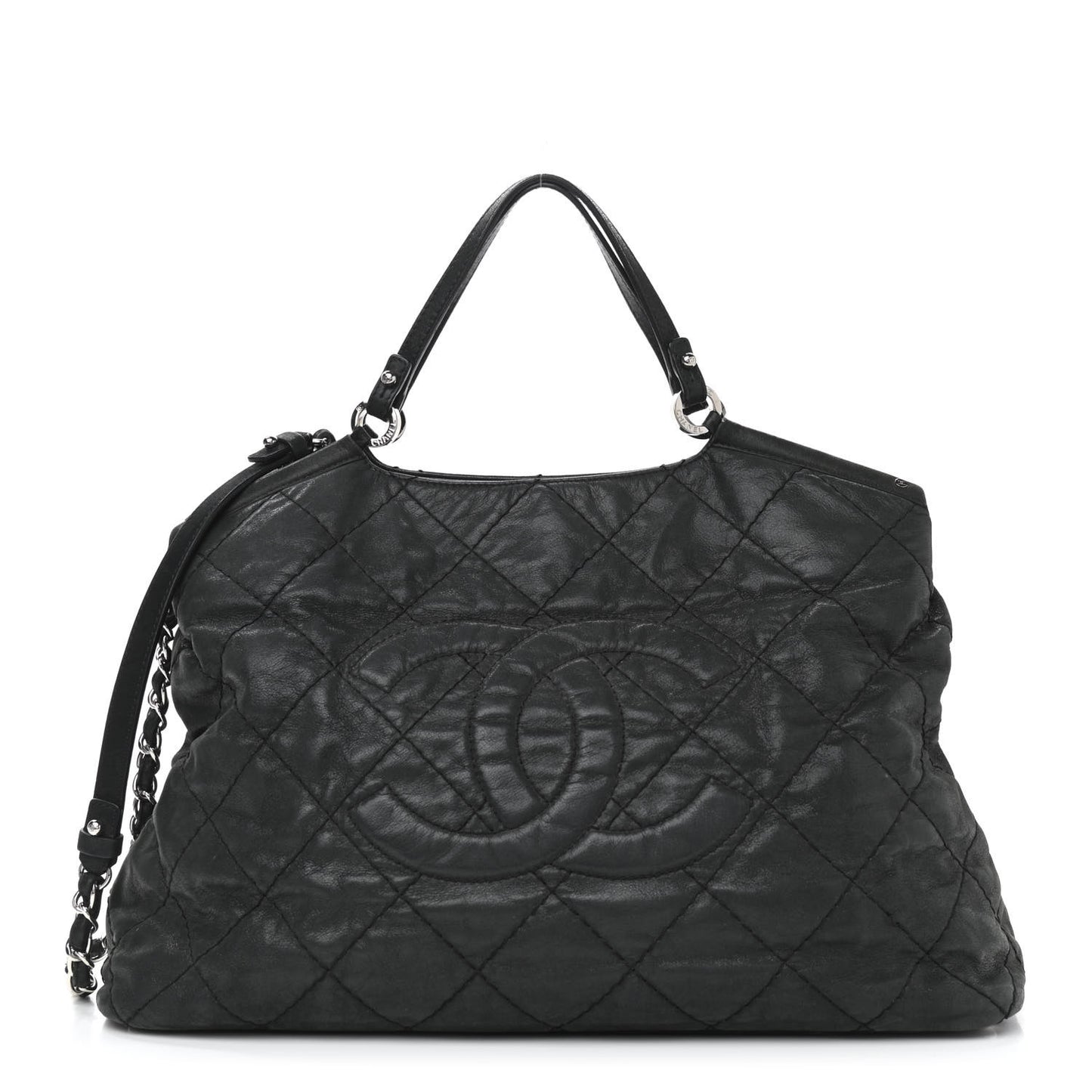 Iridescent Calfskin Stitched CC Shopping Tote Black