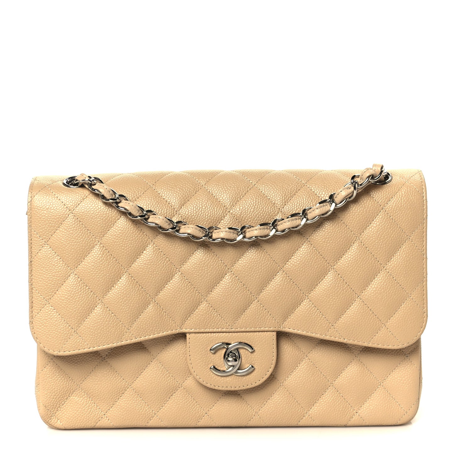 Caviar Quilted Jumbo Double Flap Beige