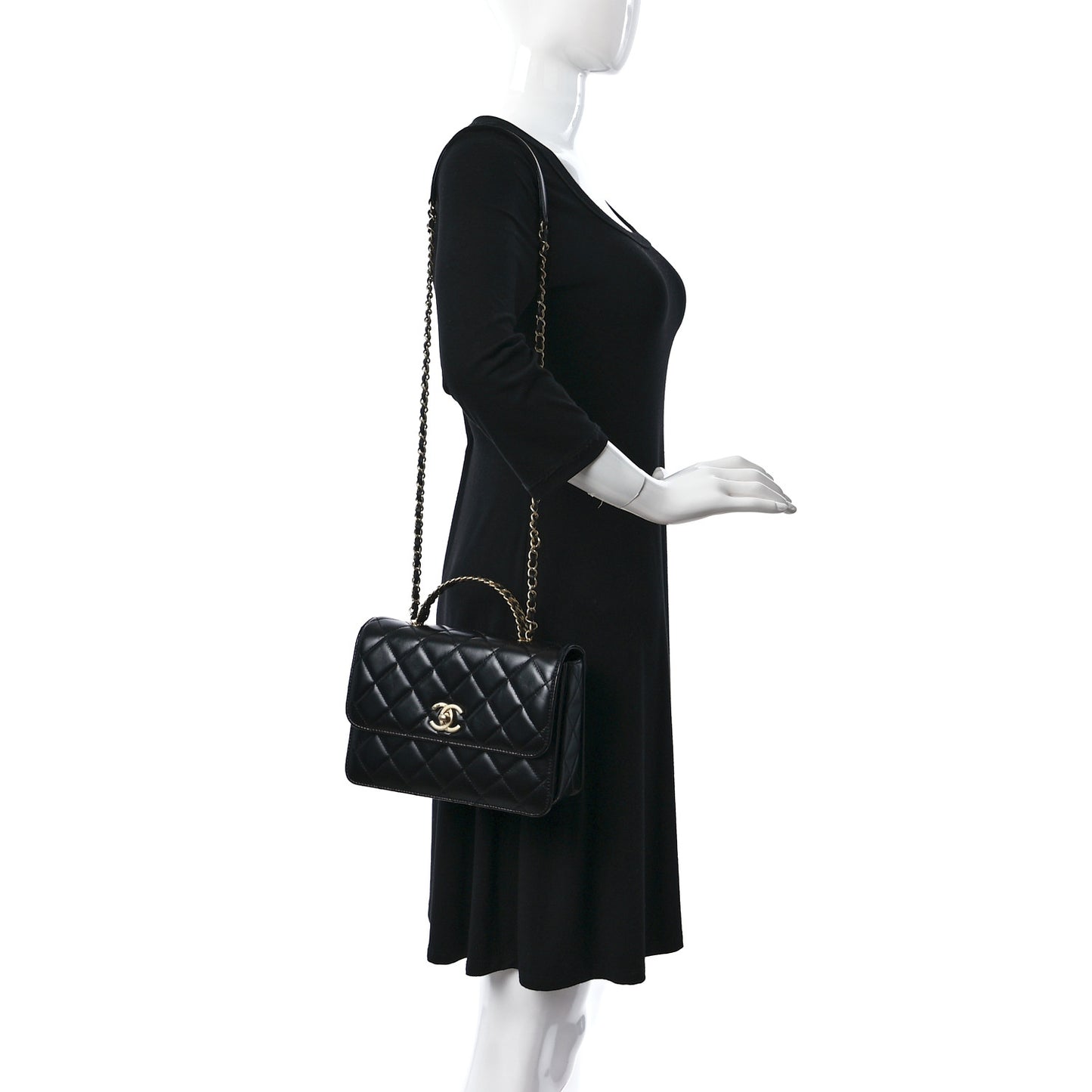 Shiny Calfskin Quilted Small Chain Top Handle Flap Black