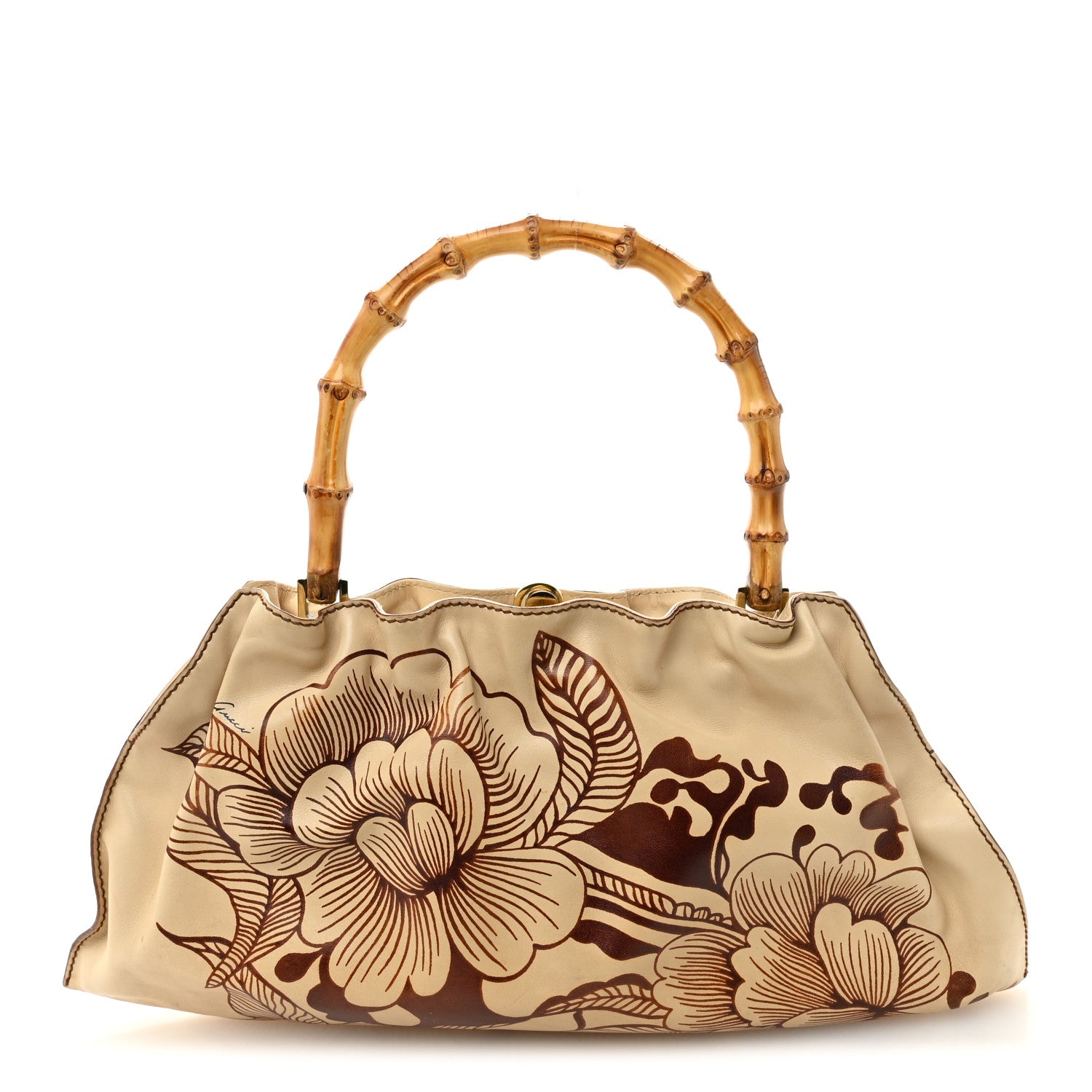 Gucci Calfskin Floral Printed Bamboo Top Handle Frame Bag Beige Brown 1 of 12