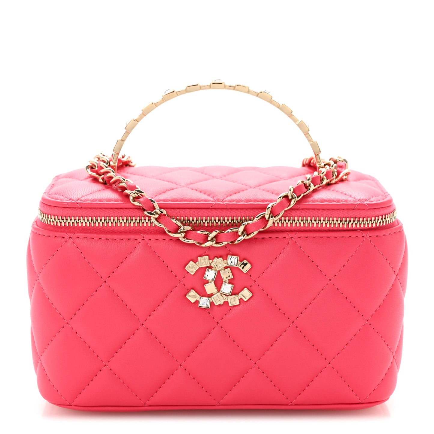 Lambskin Quilted Baguette Crystal Top Handle Vanity Case With Chain Fuchsia