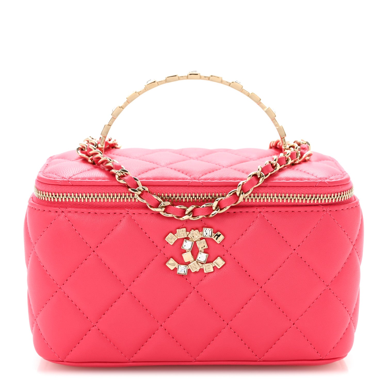 Chanel Lambskin Quilted Baguette Crystal Top Handle Vanity Case With Chain Fuchsia 1 of 12