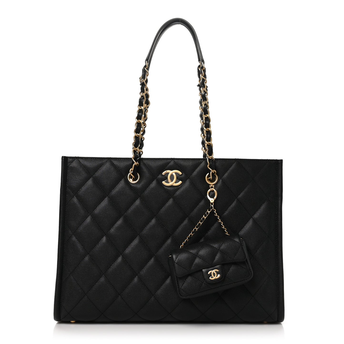 Caviar Quilted Chain Large Shopping Tote With Coin Purse Black