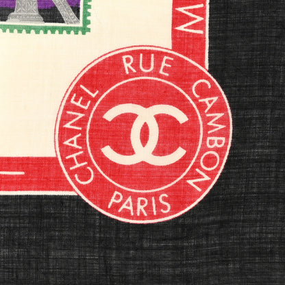 Chanel Silk Stamps Fringe Scarf Black Multicolor 2 of 6