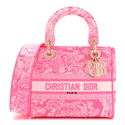 Christian Dior Canvas Toile De Jouy Reverse Embroidered Medium Lady D-Lite Fluorescent Pink 1 of 11