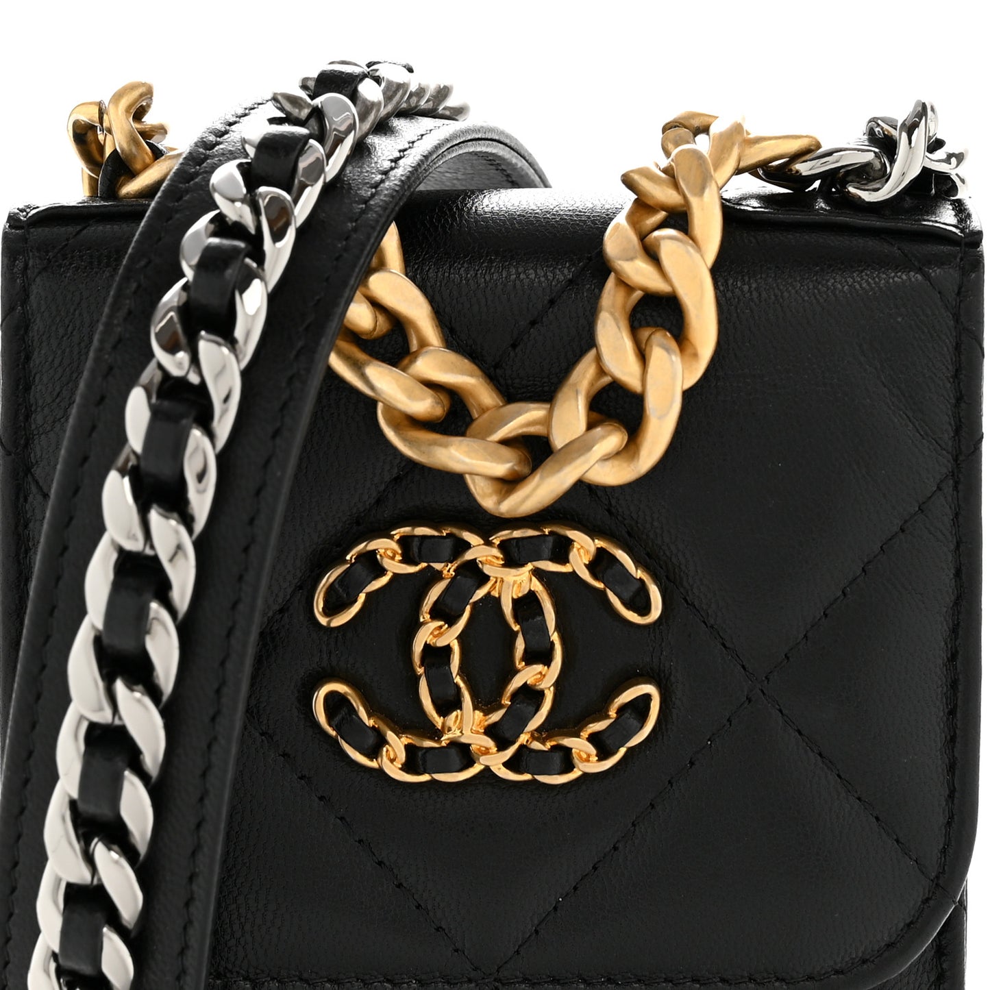 Lambskin Quilted Chanel 19 Phone Holder With Chain Black