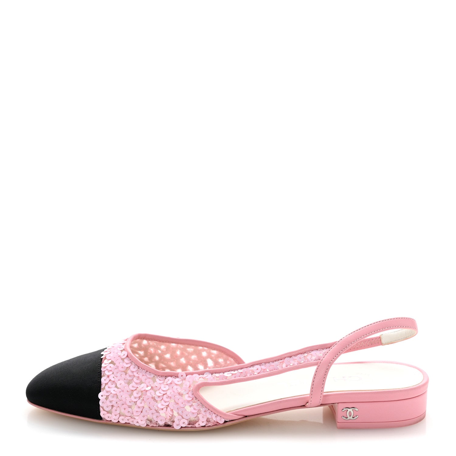 Chanel Sequins Satin Cap Toe CC Slingback Flat 38.5 Pink Black 1 of 10