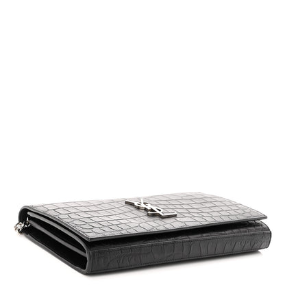 Saint Laurent Calfskin Crocodile Embossed Monogram Chain Wallet Black 4 of 10