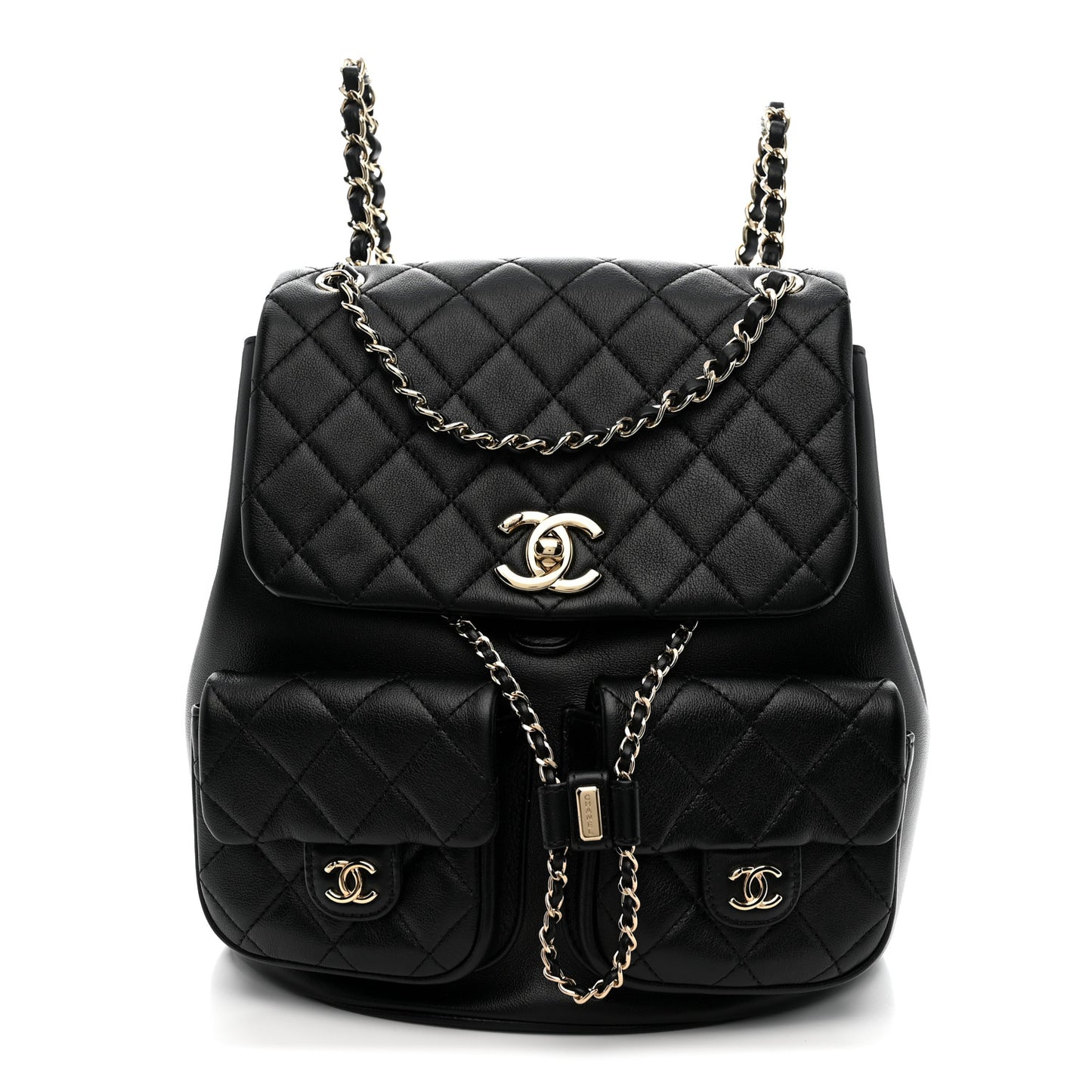 Calfskin Quilted Large Duma Pockets Drawstring Backpack Black