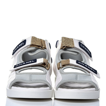 Chanel Goatskin Fabric Gladiator Sandals 37.5 White Light Grey Navy Blue 2 of 8