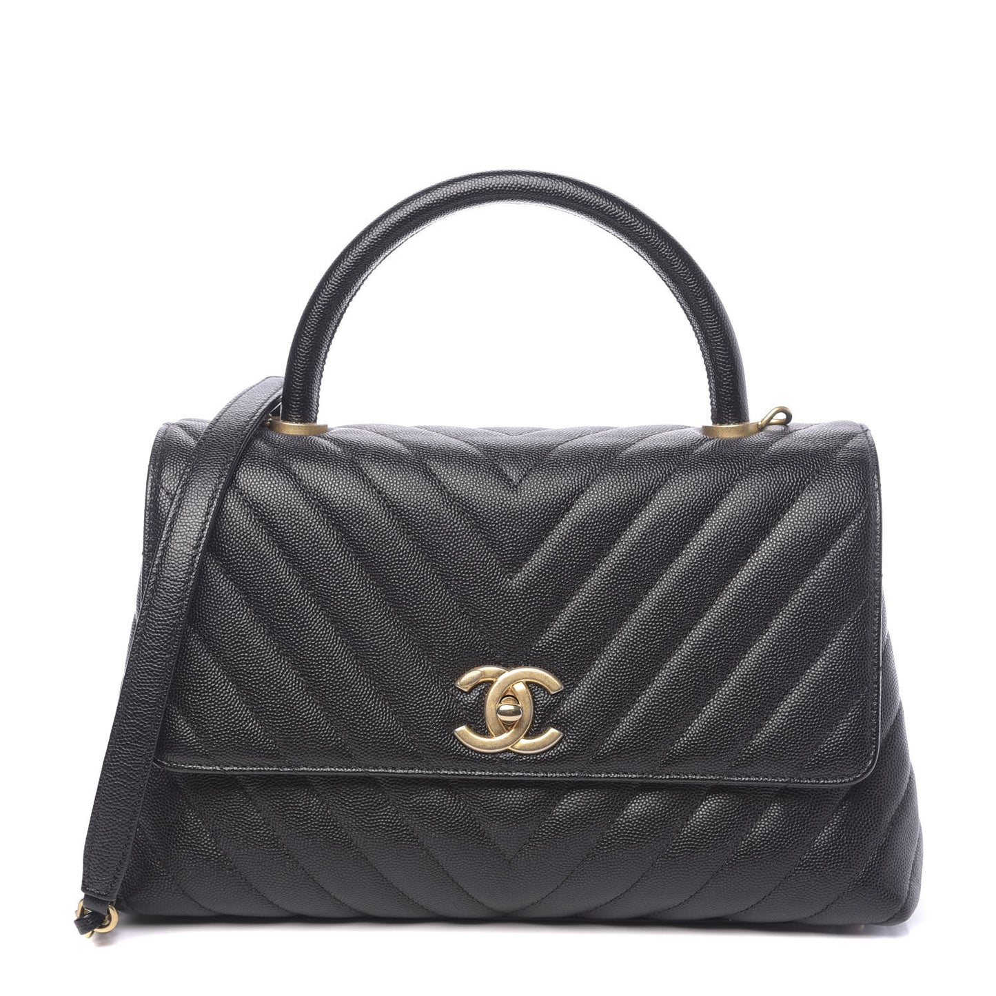 Caviar Chevron Quilted Small Coco Handle Flap Black