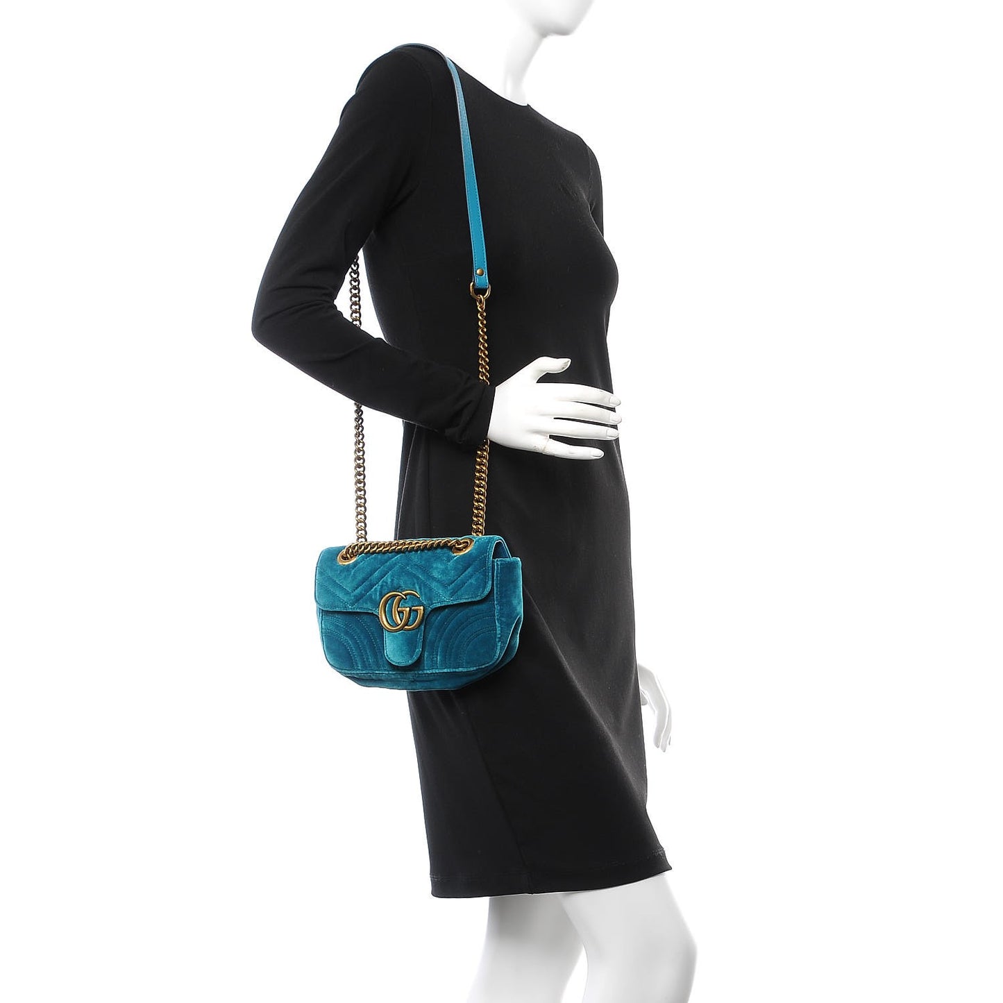 Velvet Matelasse Mini GG Marmont Shoulder Bag Pavone Cyan