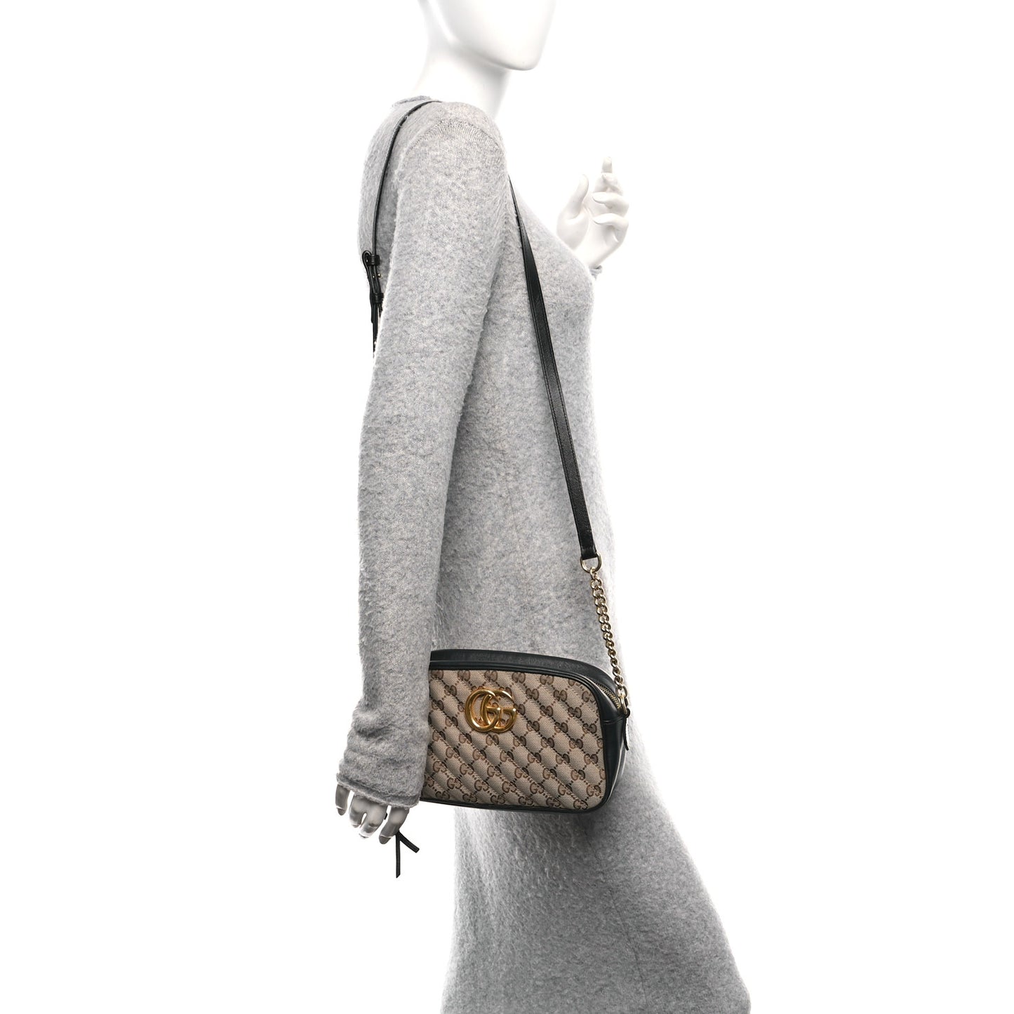 Monogram Matelasse Diagonal Small GG Marmont Chain Shoulder Bag Beige Black