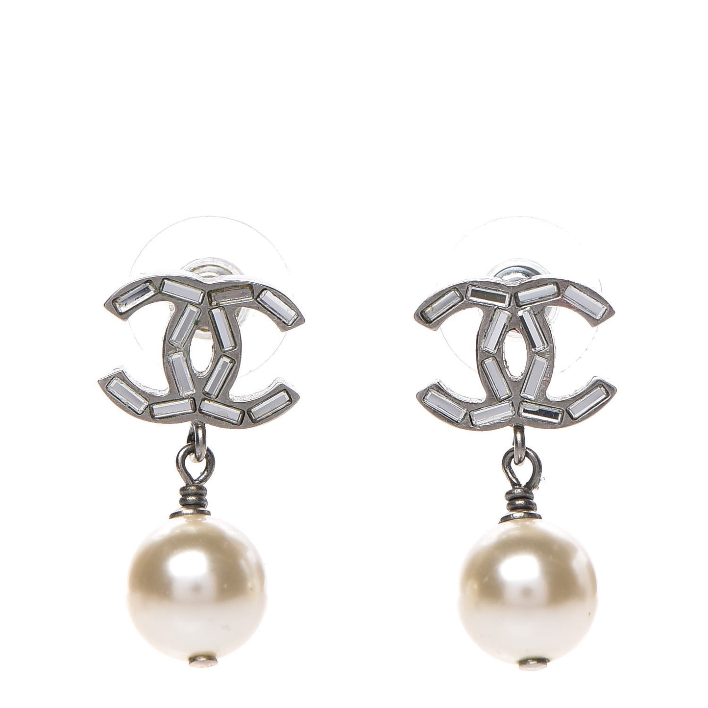 Crystal Pearl CC Drop Earrings Silver