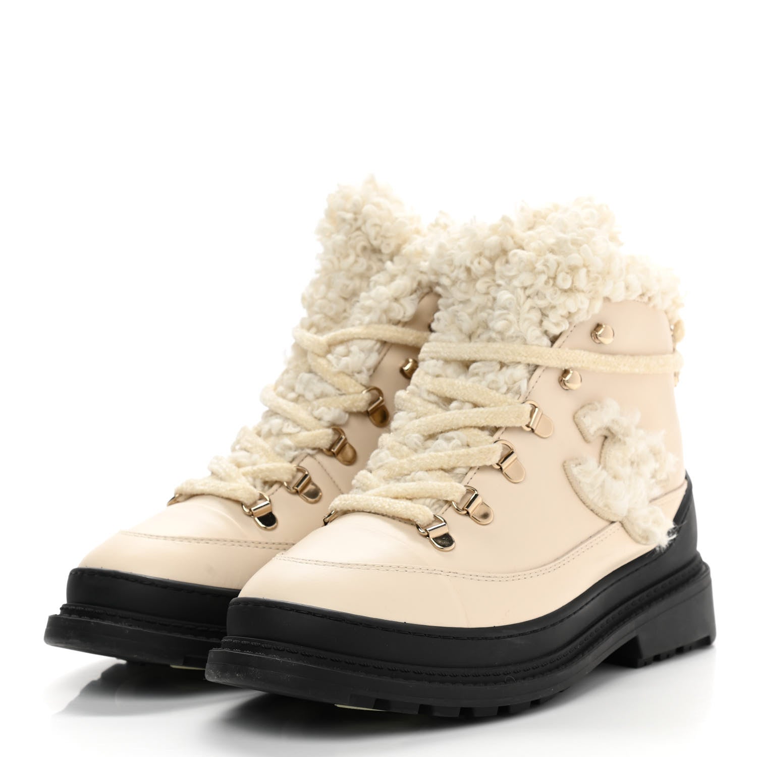 Chanel Calfskin Shearling CC Lace Up Boots 36.5 Light Beige Ivory 3 of 9