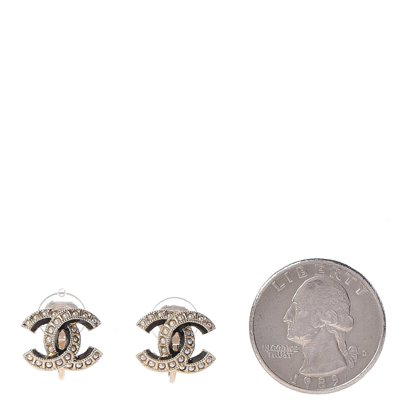 Enamel Pearl CC Clip On Earrings Light Gold Black