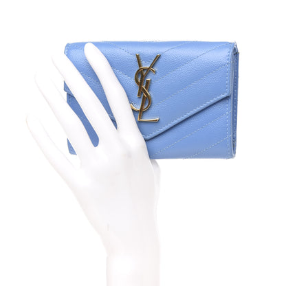 Saint Laurent Grain de Poudre Matelasse Chevron Small Monogram Wallet Blue Clair 2 of 12