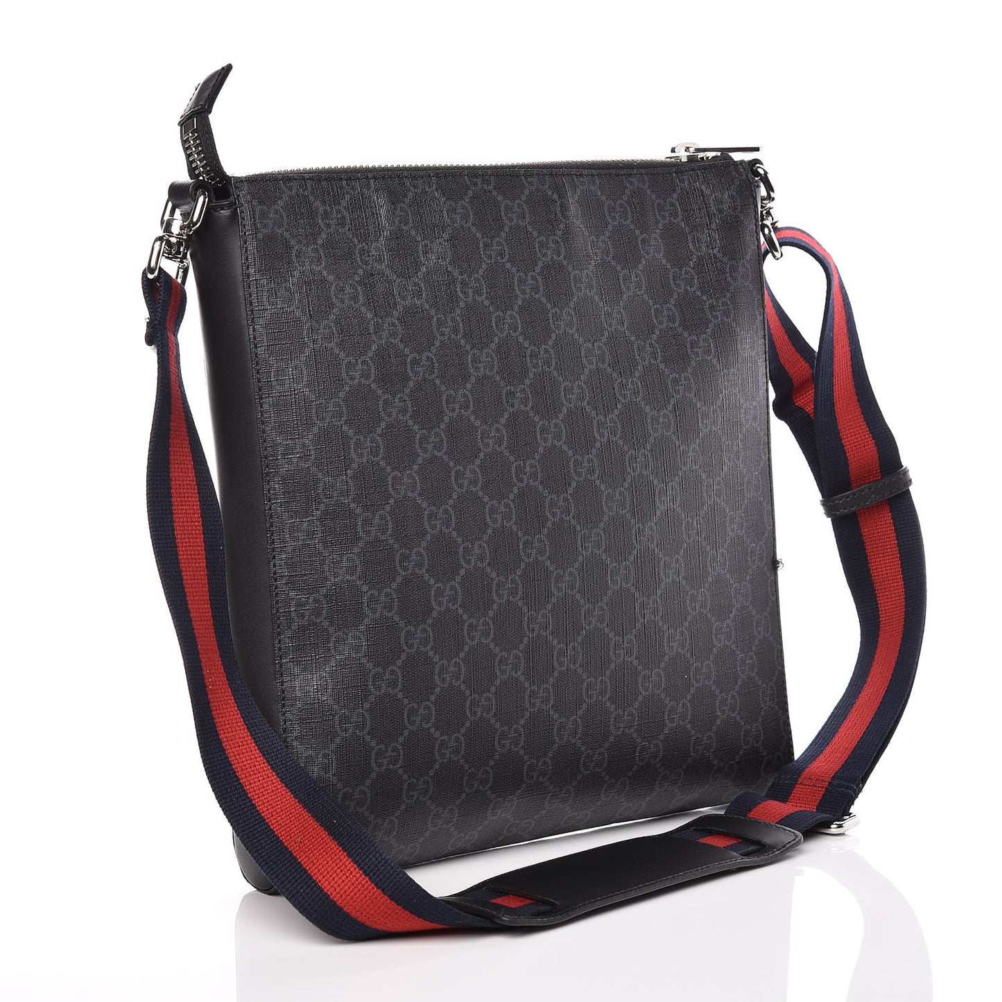 GG Supreme Monogram Appia Calfskin Web Flat Messenger Bag Black Grey