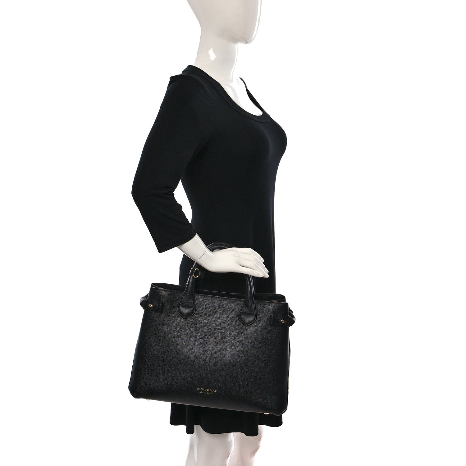 Burberry Grainy Calfskin House Check Medium Banner Tote Black 2 of 10