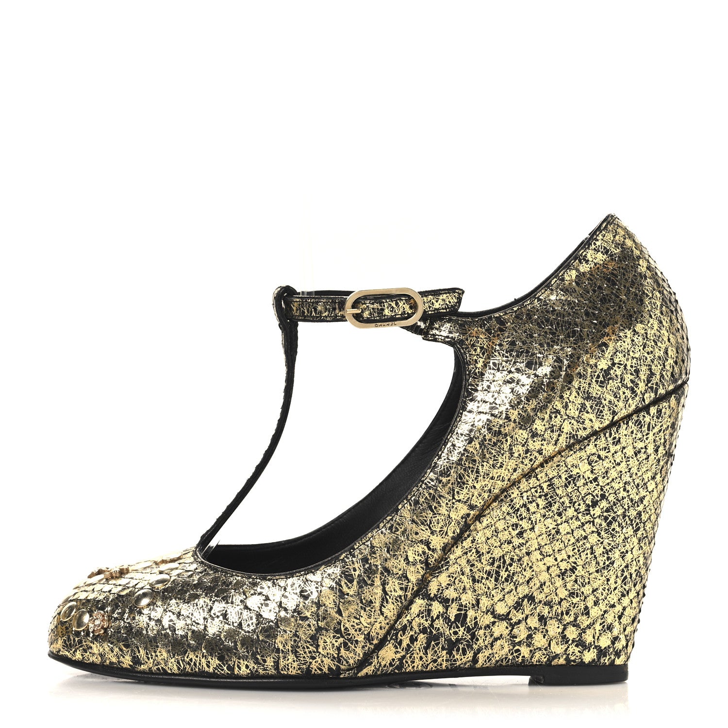 Chanel Metallic Snakeskin Studded CC T-Strap Wedges 37 Gold Black 1 of 11