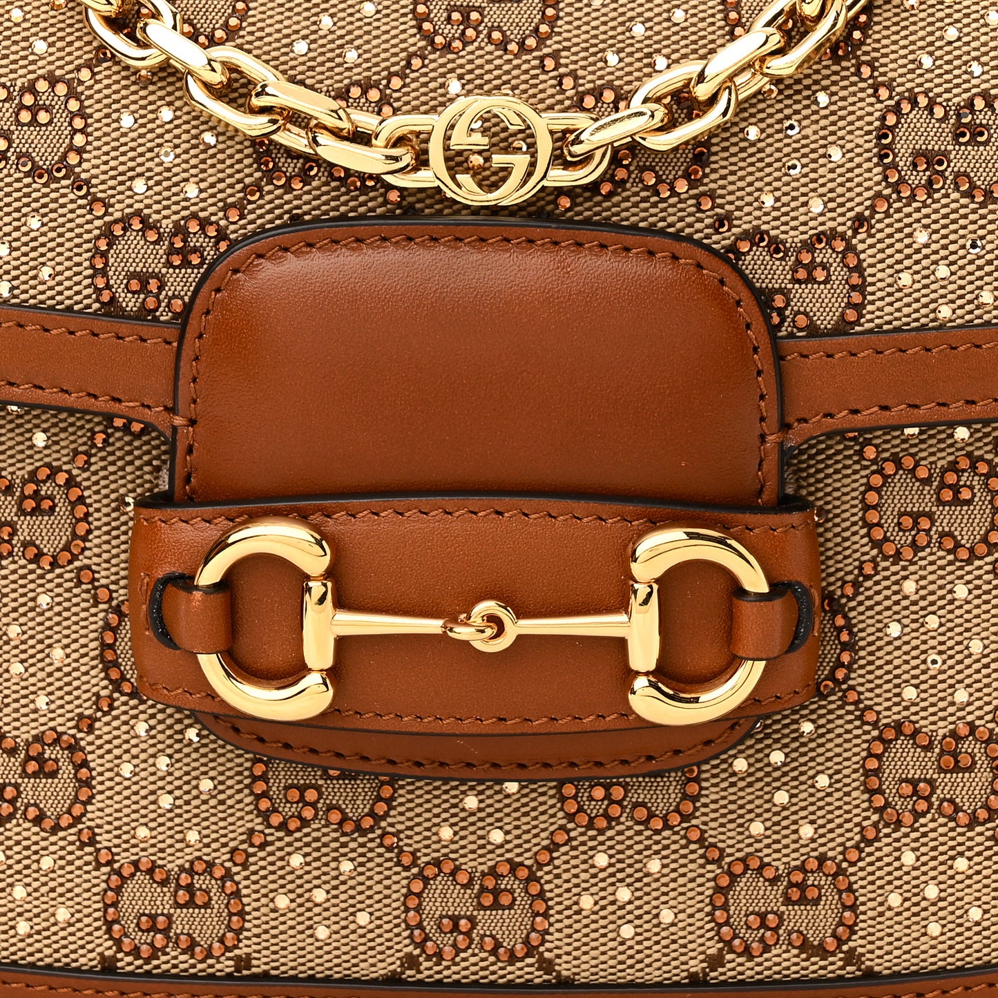 New Canvas Charisma Calfskin Crystal GG Monogram Mini Horsebit 1955 Shoulder Bag Camel Ebony