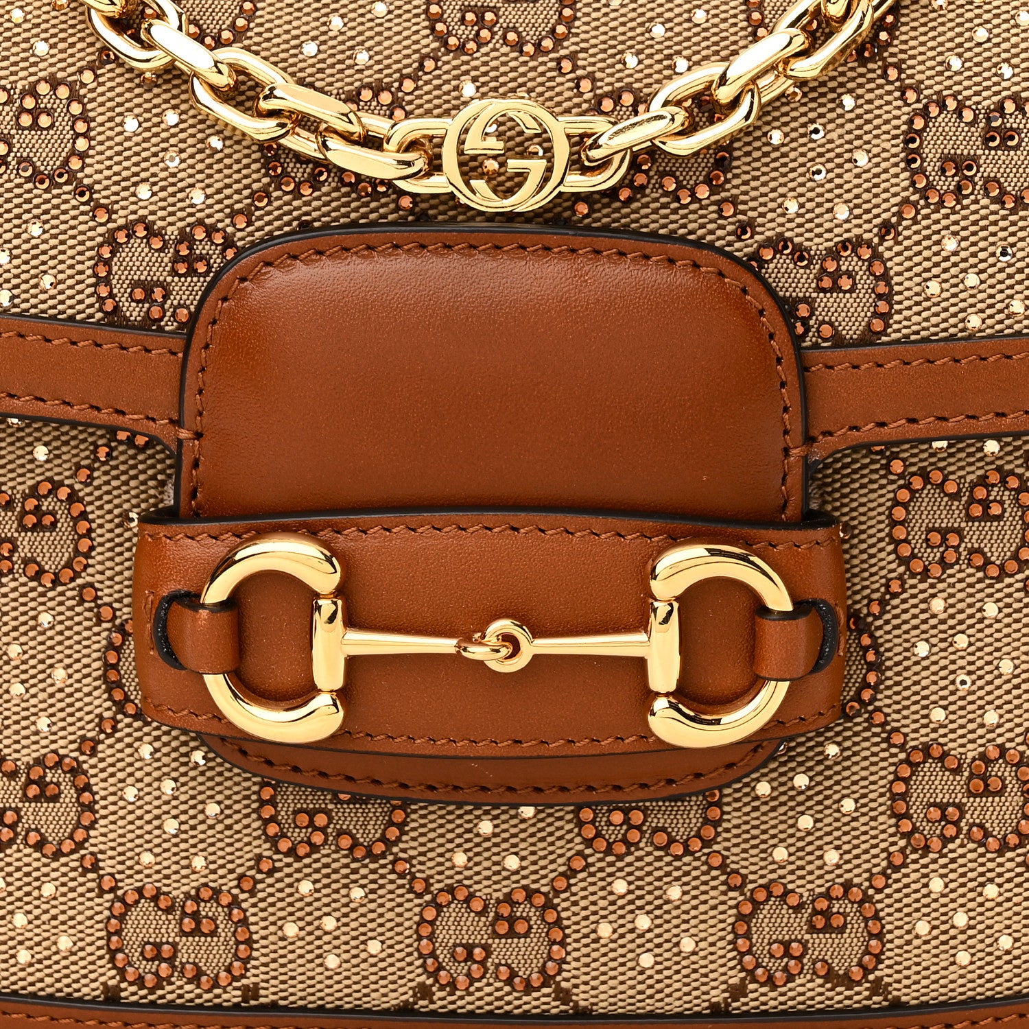 Gucci New Canvas Charisma Calfskin Crystal GG Monogram Mini Horsebit 1955 Shoulder Bag Camel Ebony 10 of 12