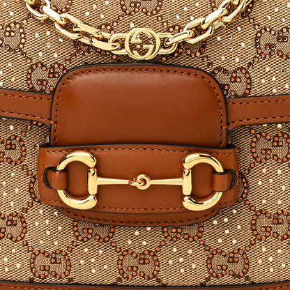 Gucci New Canvas Charisma Calfskin Crystal GG Monogram Mini Horsebit 1955 Shoulder Bag Camel Ebony 10 of 12
