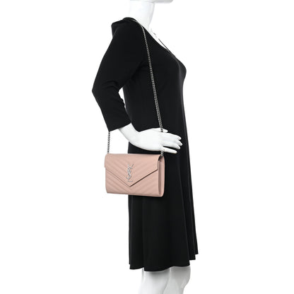 Saint Laurent Grain De Poudre Matelasse Chevron Monogram Chain Wallet Pale Pink 2 of 9