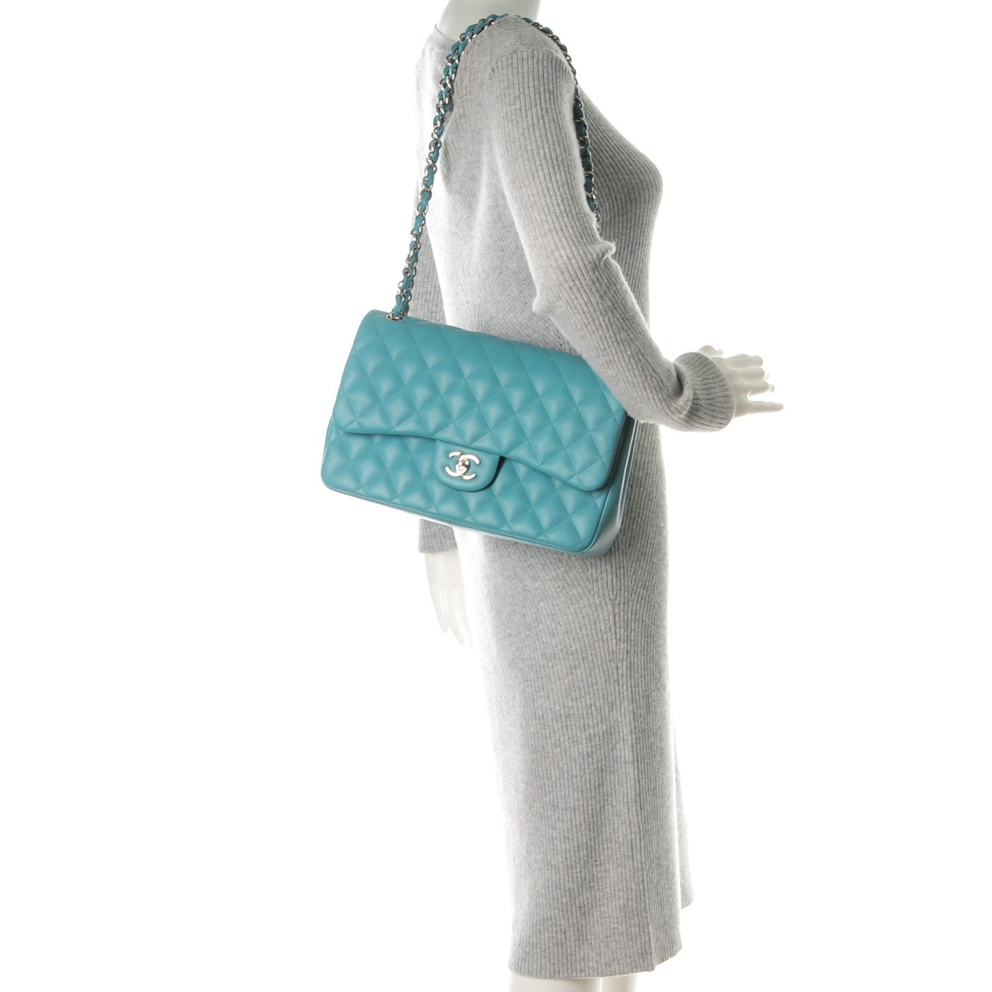 Lambskin Quilted Jumbo Double Flap Turquoise