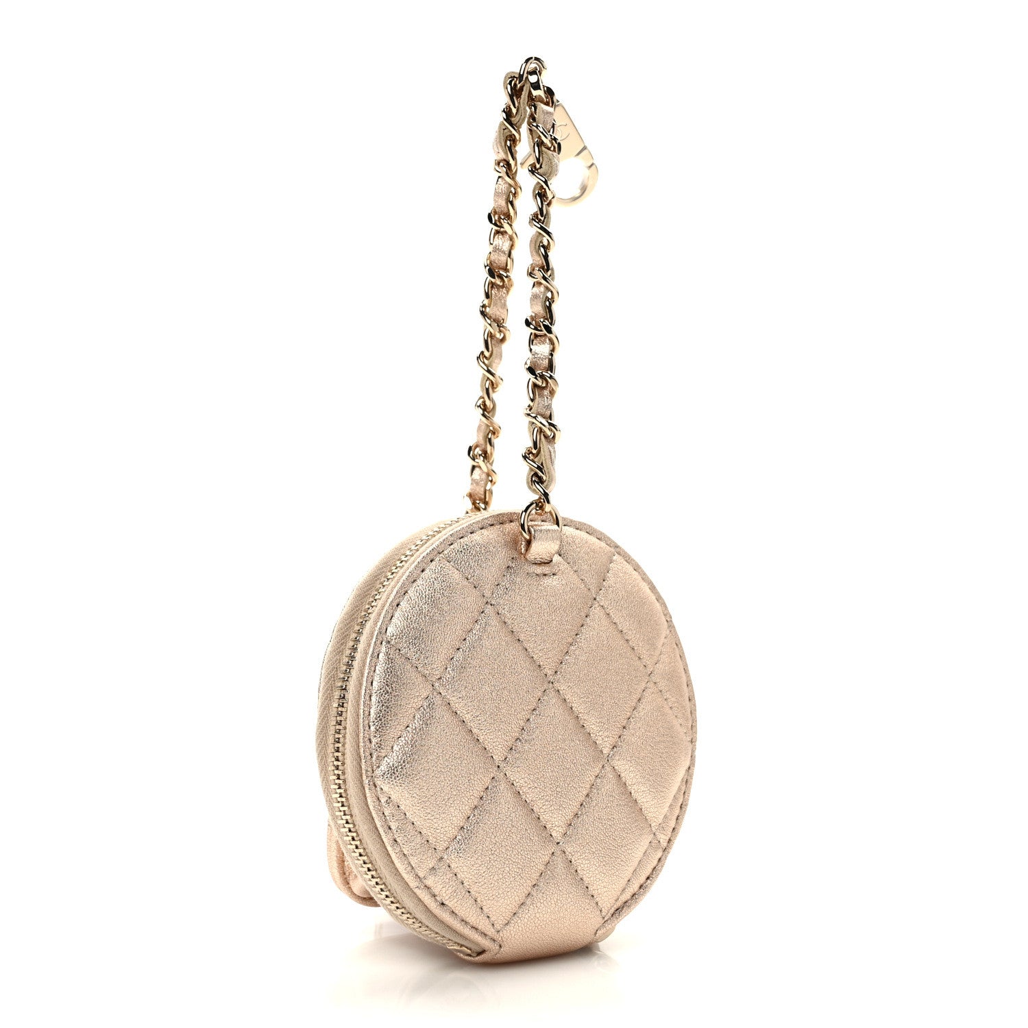 Chanel Metallic Lambskin Quilted Round Clip On Coin Purse Airpods Case Gold 4 of 10