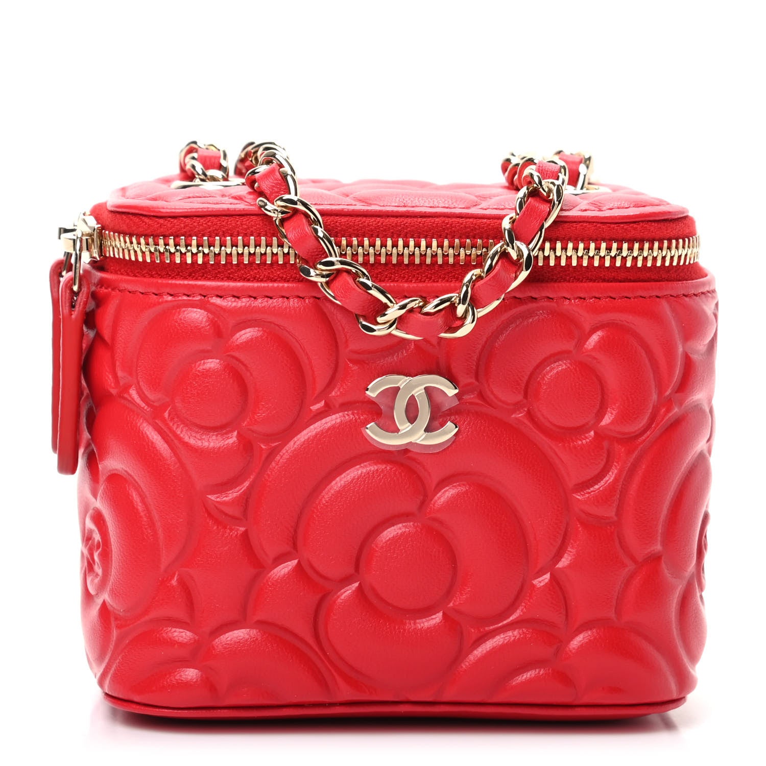 Chanel Lambskin Camellia Embossed Mini Vanity Case With Chain Red 1 of 10