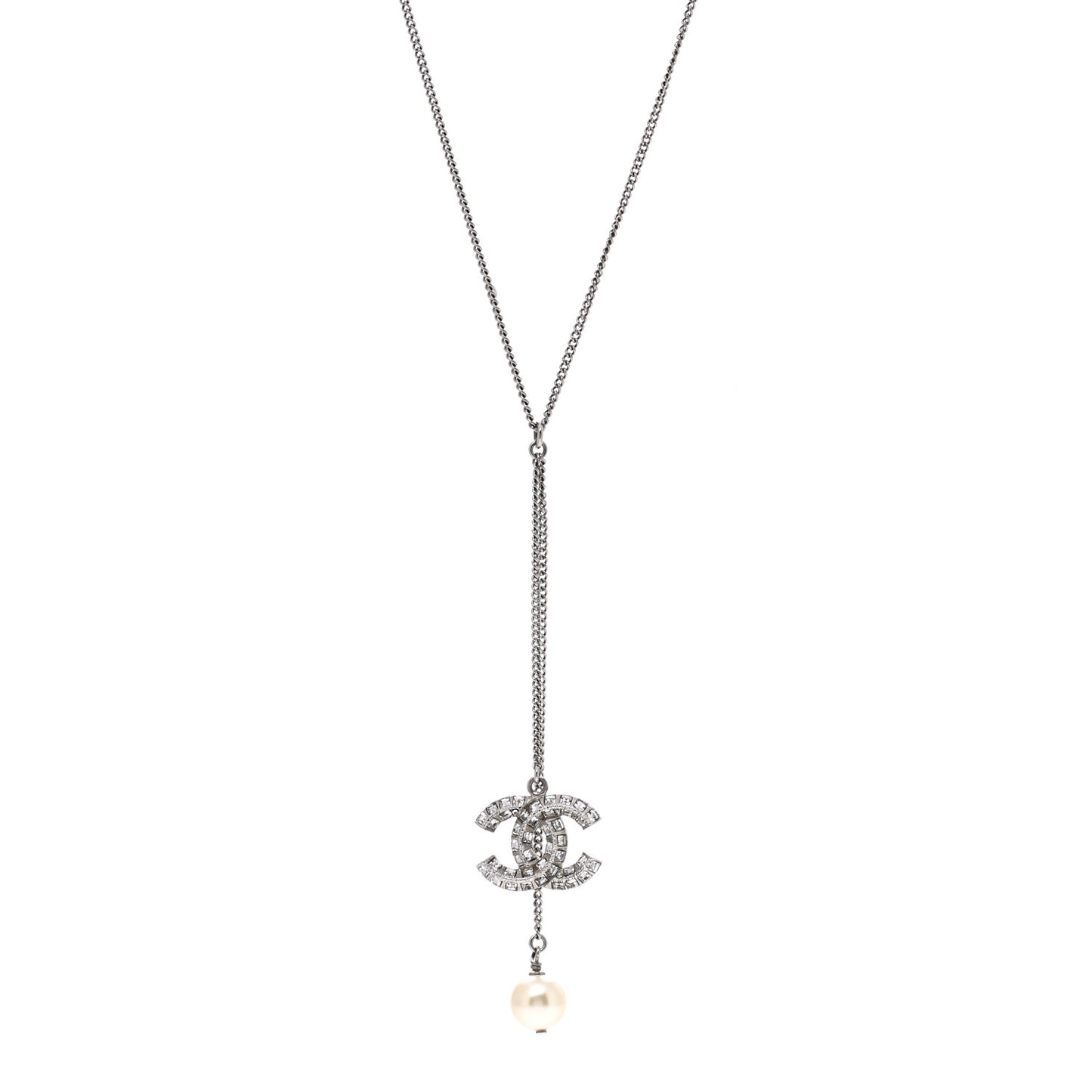 Baguette Crystal Pearl CC Lariat Necklace Silver