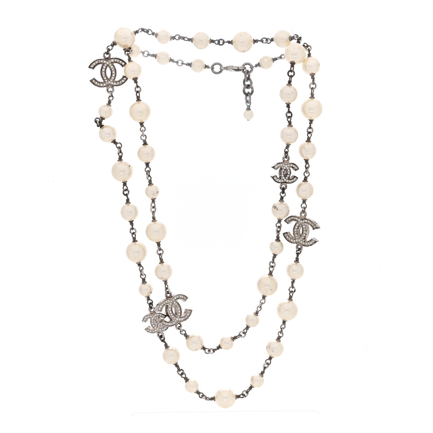 Graduated Pearl Crystal CC Long Necklace Silver