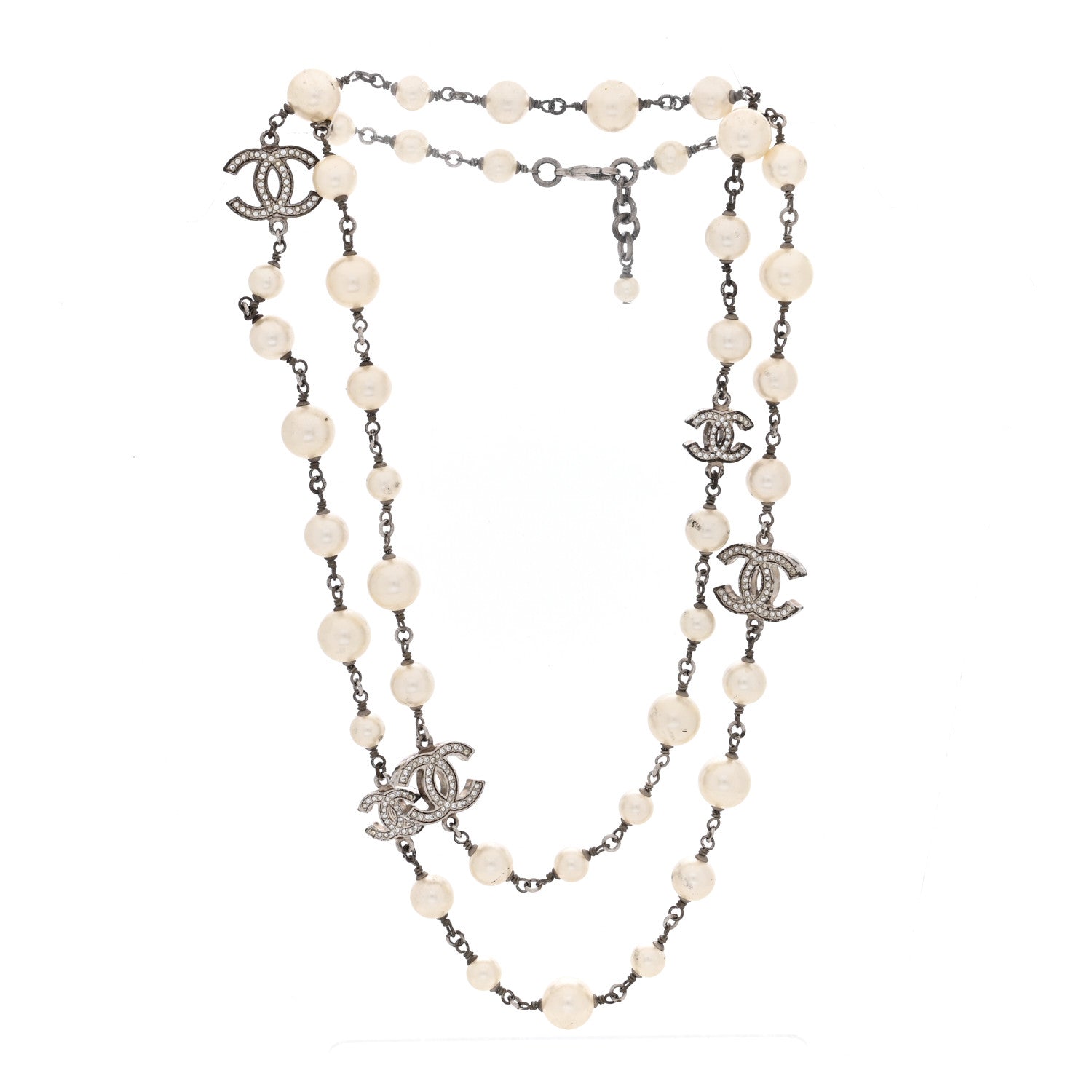 Chanel Graduated Pearl Crystal CC Long Necklace Silver 3 of 4
