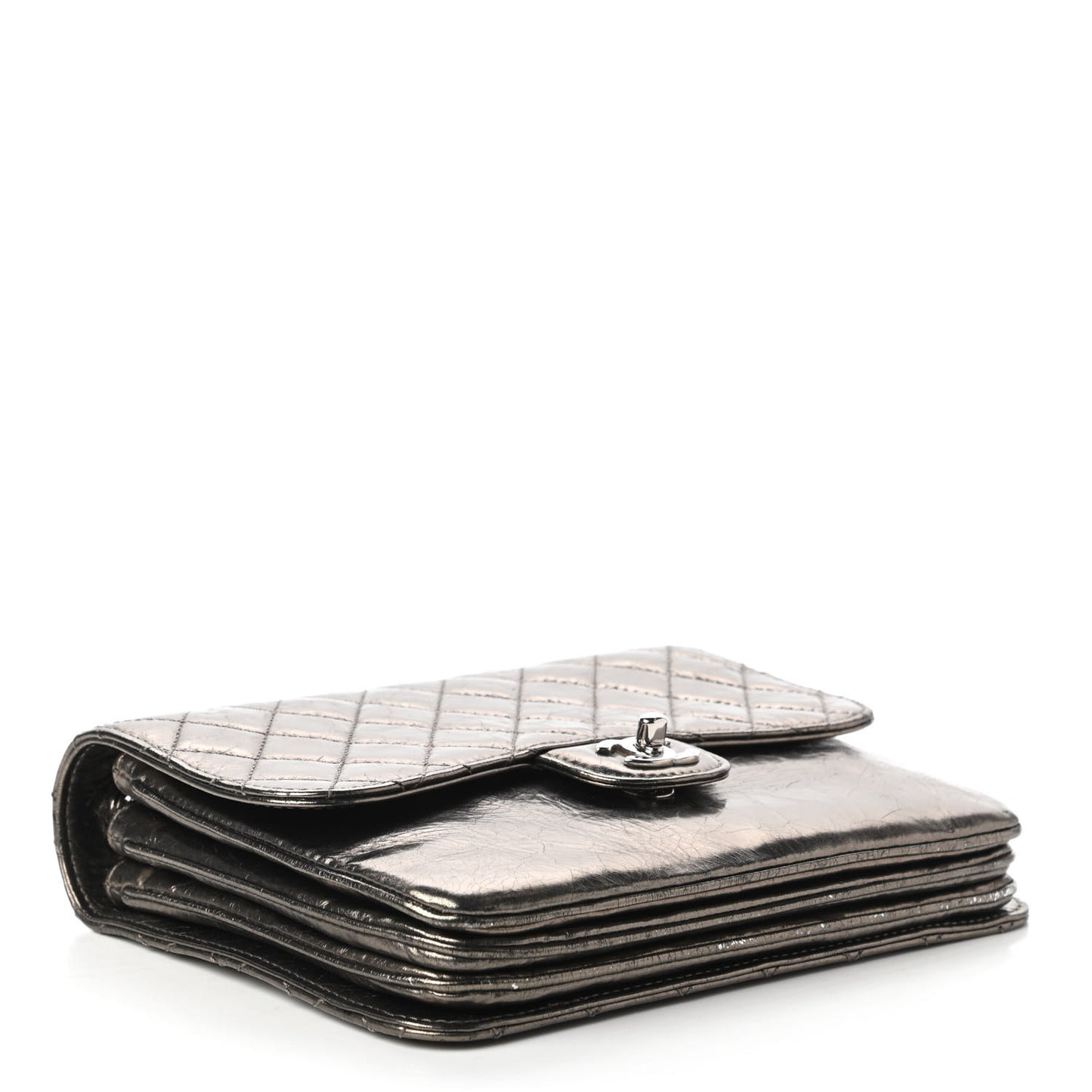 Metallic Crackled Calfskin Medium Clam's Pocket Flap Dark Silver