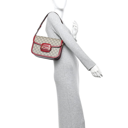 Gucci GG Supreme Monogram Azalea Calfskin Horsebit 1955 Shoulder Bag Beige Ebony New Cherry Red 2 of 10