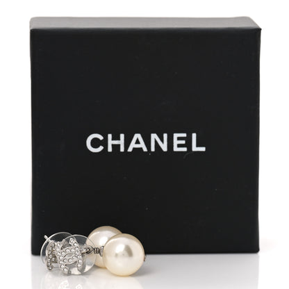 Chanel Crystal Pearl CC Drop Earrings Silver Pearly White 5 of 5