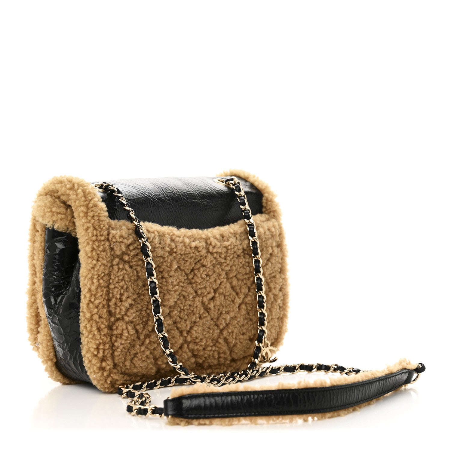 Chanel Shiny Crumpled Sheepskin Shearling CC Mania Flap Bag Black Beige 3 of 11