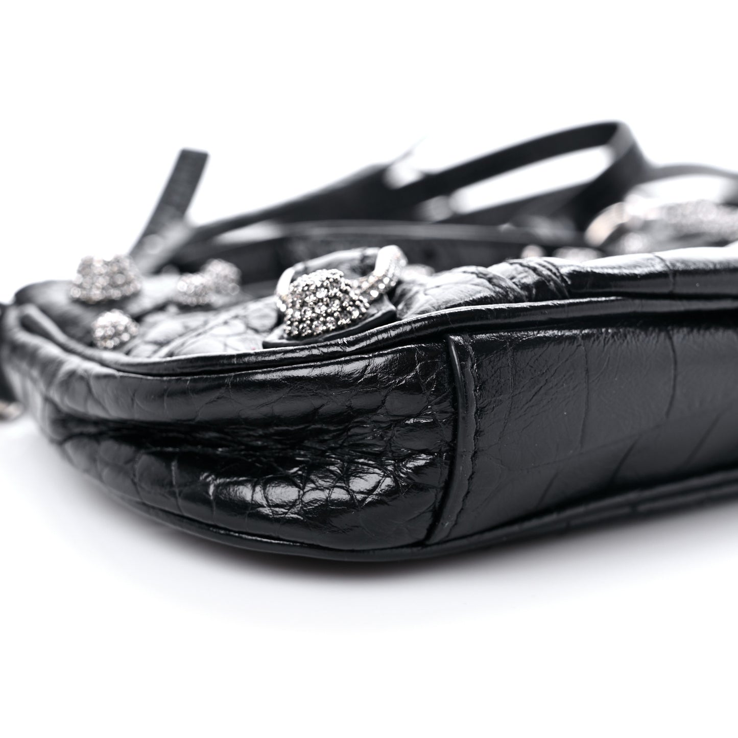 Extra Supple Calfskin Crystal Crocodile Embossed Le Cagole Mini Purse With Chain Black