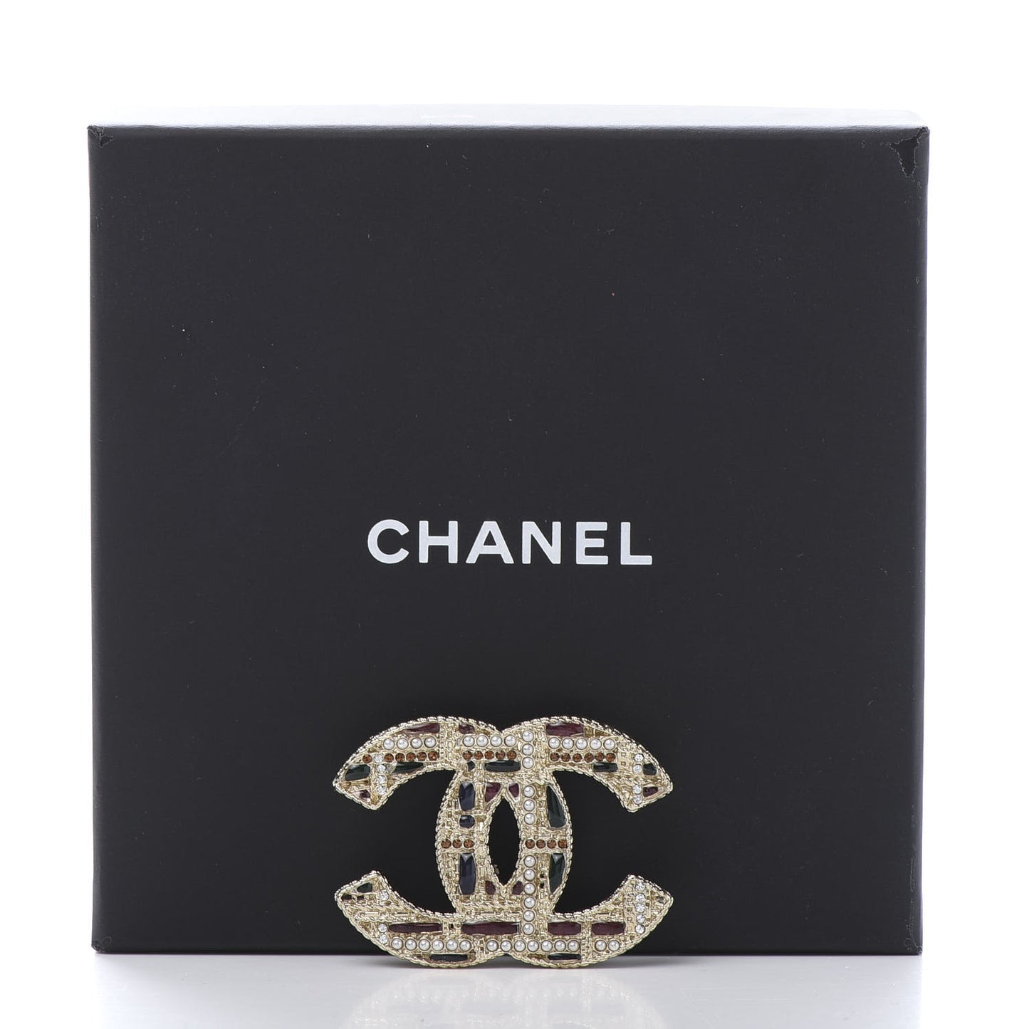 Crystal Pearl CC Tweed Brooch Gold Multicolor
