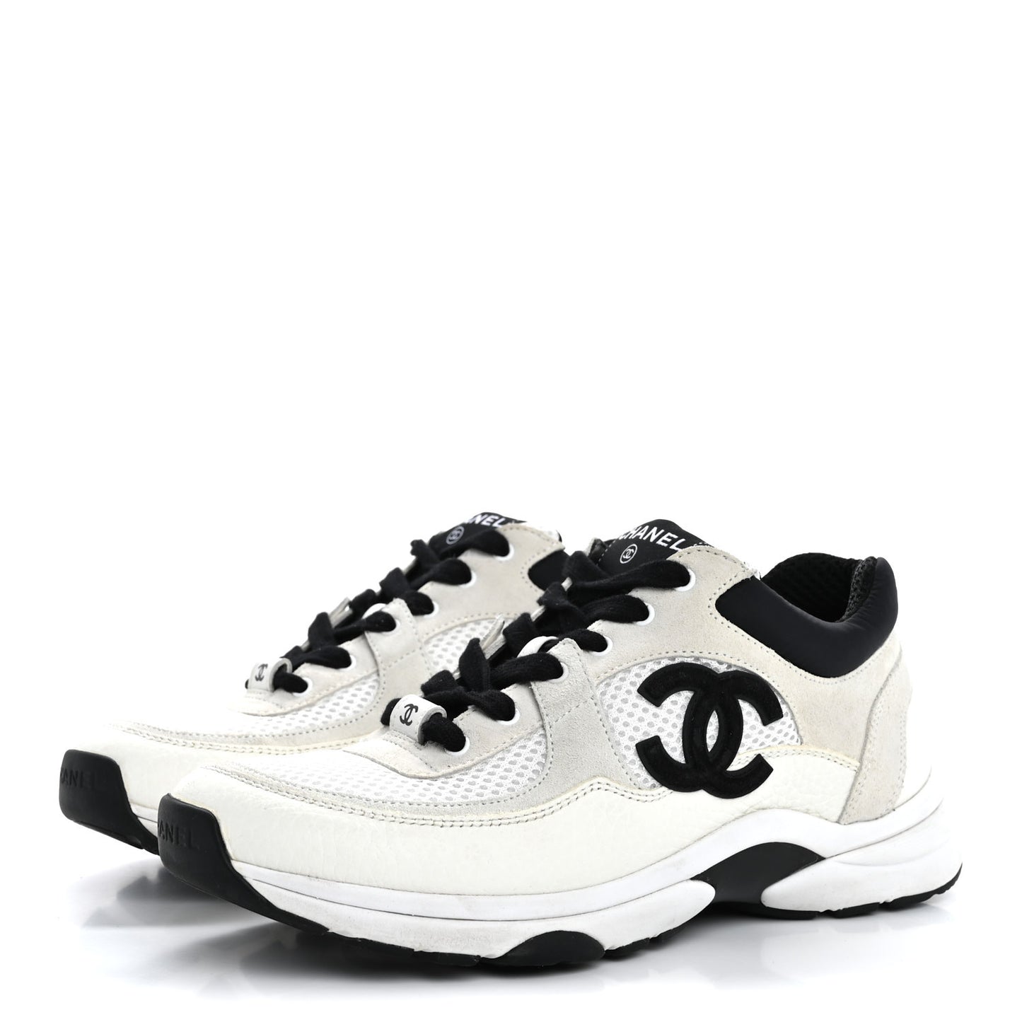 Mesh Suede Calfskin Grained Calfskin Womens CC Sneakers 37.5 White Black