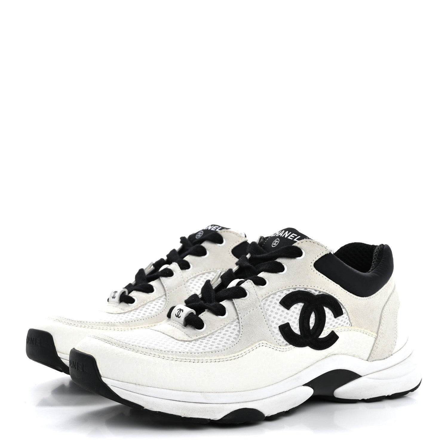 Chanel Mesh Suede Calfskin Grained Calfskin Womens CC Sneakers 37.5 White Black 4 of 12