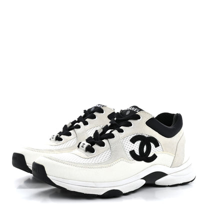 Chanel Mesh Suede Calfskin Grained Calfskin Womens CC Sneakers 37.5 White Black 4 of 12