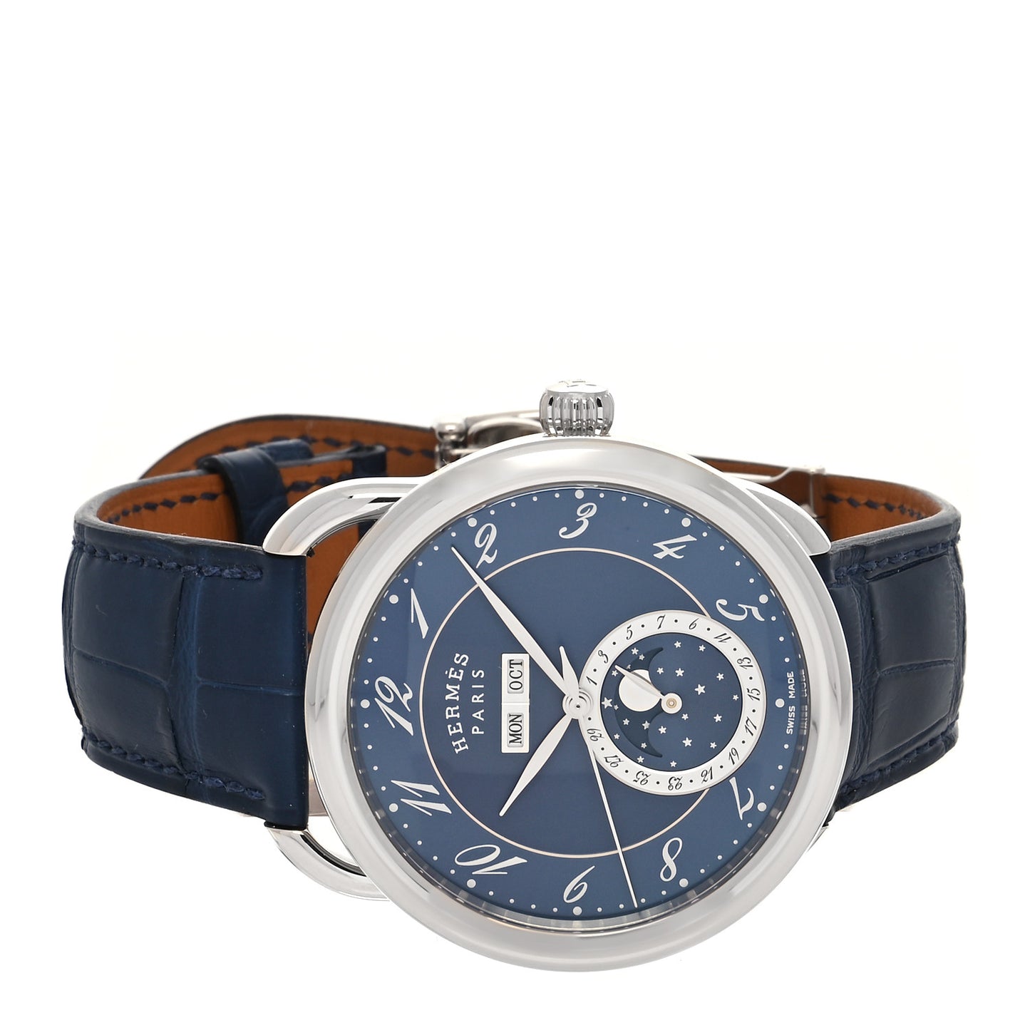 Stainless Steel Alligator 43mm Arceau Grande Lune Automatic Watch Bleu Abysse