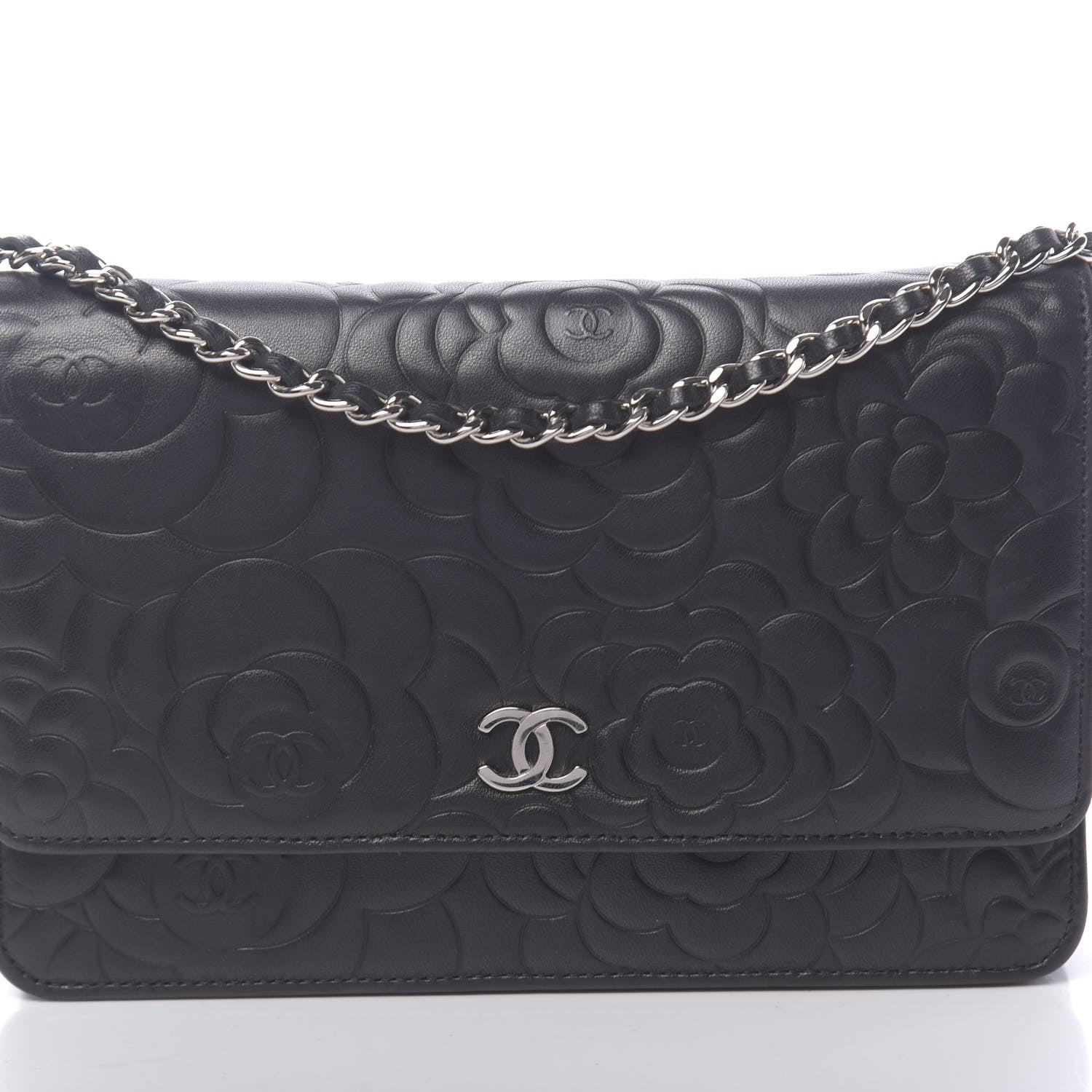 Chanel Lambskin Camellia Embossed Wallet on Chain WOC Black 11 of 12