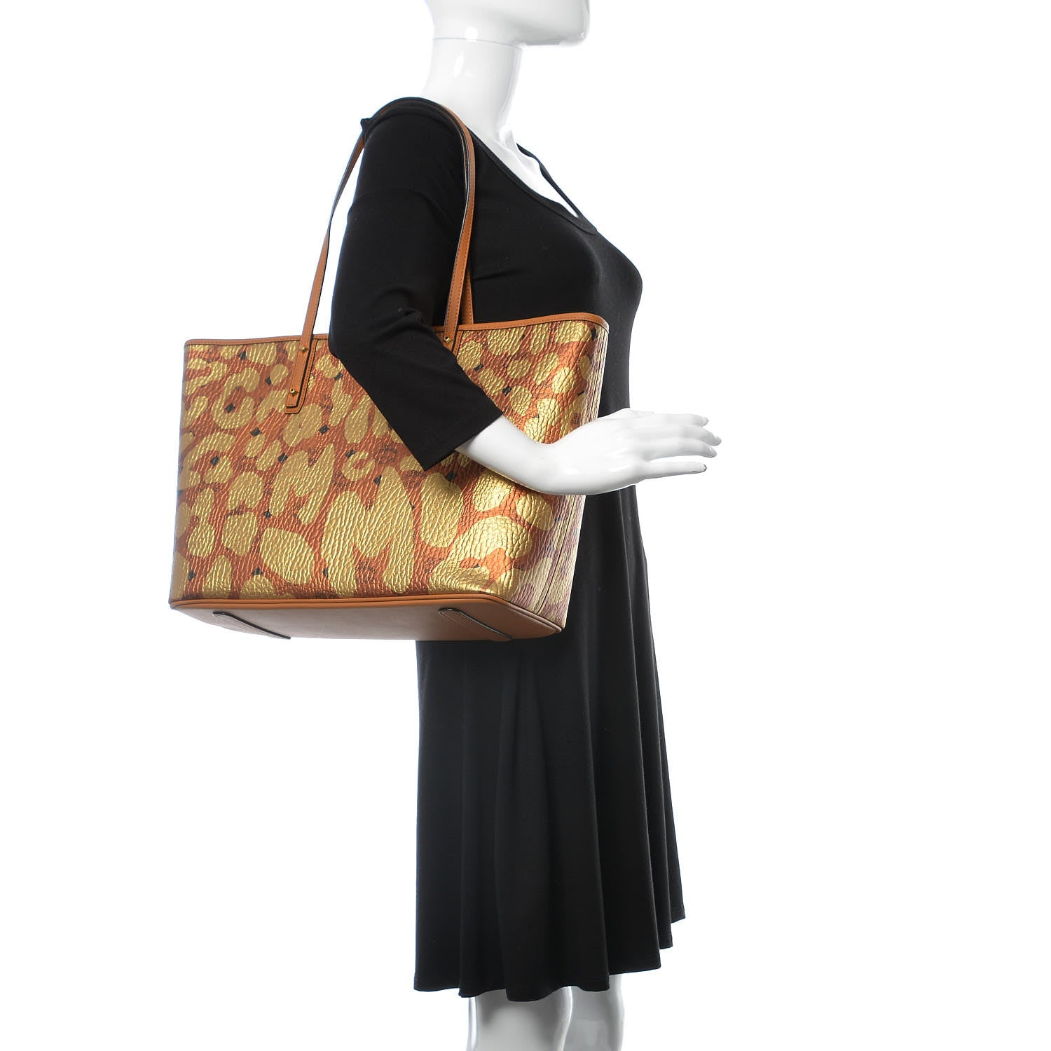 MCM Visetos Metallic Leopard Print Medium Anya Shopper Tote Cognac 2 of 14