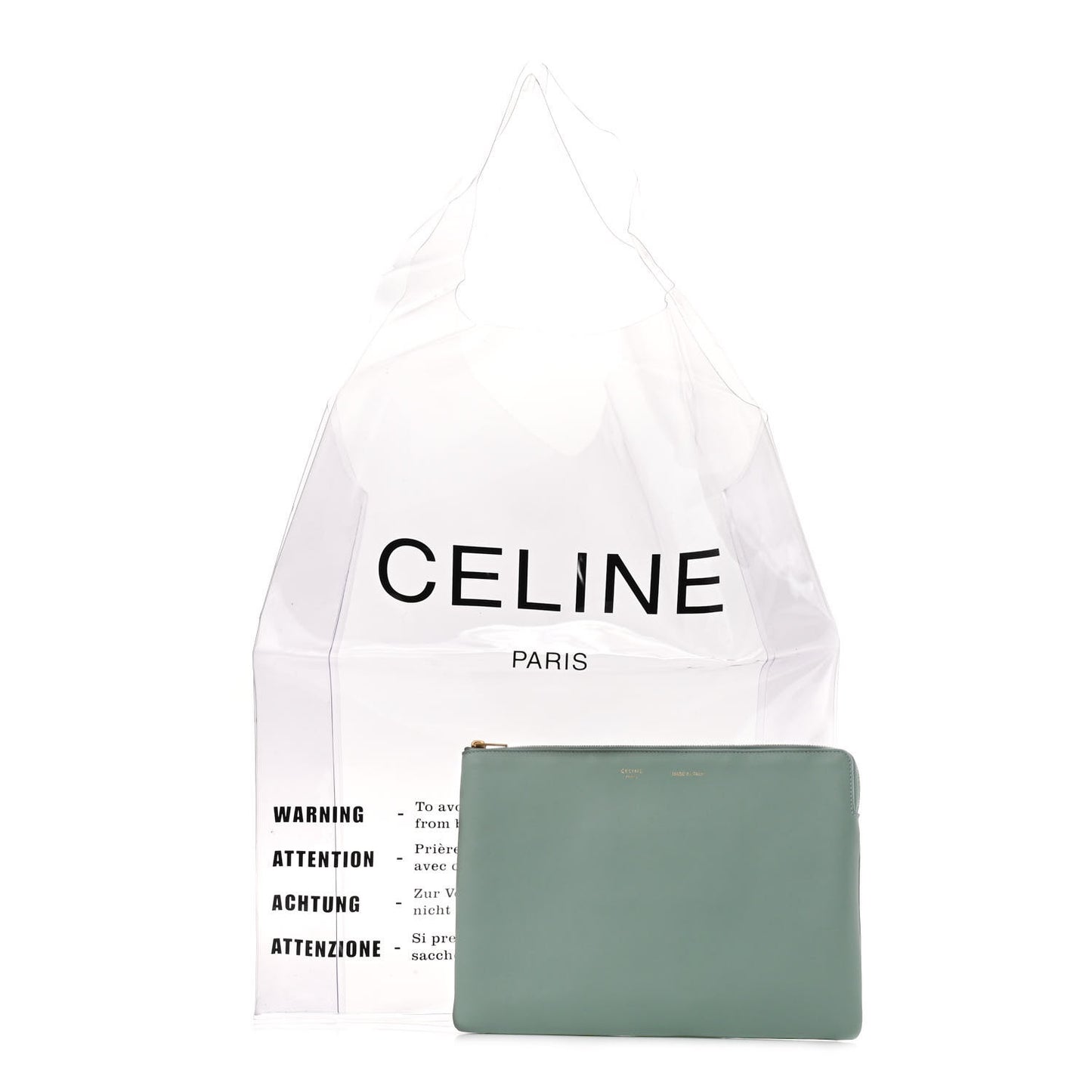 Plastic Bag with Cloudy Lambskin Solo Zip Pouch Clutch Celadon