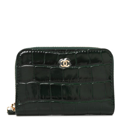 Chanel Calfskin Crocodile Embossed Crococo Zip Coin Purse Emerald 1 of 7